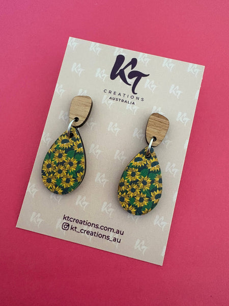 Earrings - Sunflower wooden dangles KTSW
