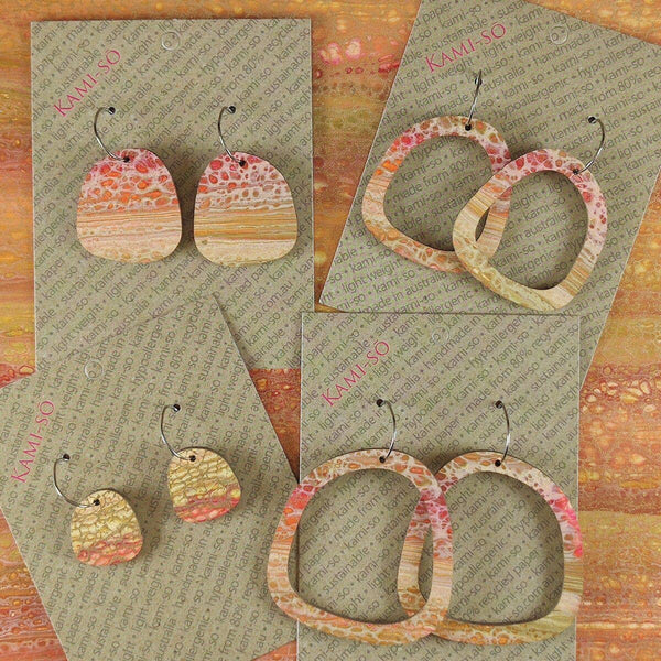 Earrings - Kami-So - Square Recycled Paper Earrings - Muted Red, Orange & Gold Crackle KSRG