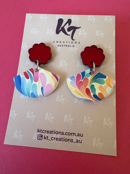 Earrings - Mini Multi Colour Abstract Art Acrylic dangles - red topper KTMM
