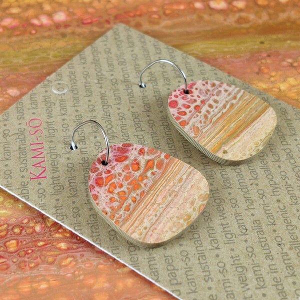 Earrings - Kami-So - Square Recycled Paper Earrings - Muted Red, Orange & Gold Crackle KSRG