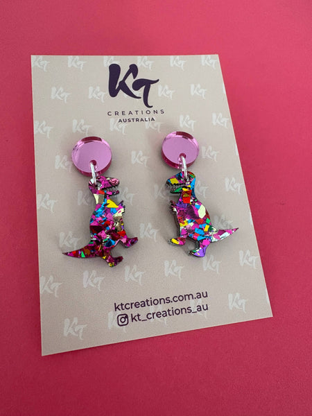 Earrings - Roar! Pink rainbow T-rex Dinosaur - bright pink KTPD