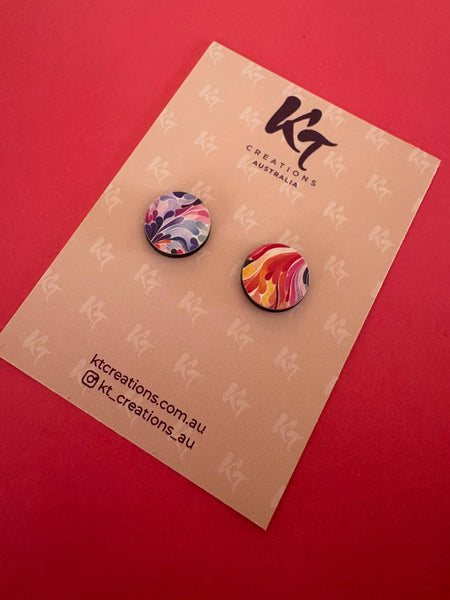 Earrings - Multi colour abstract art wooden studs KTWA