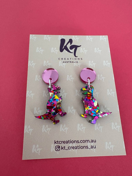 Earrings - Roar! Pink rainbow T-rex Dinosaur - bright pink KTPD