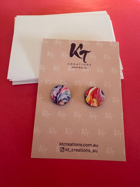 Earrings - Multi colour abstract art wooden studs KTWA