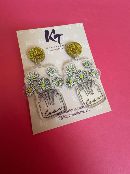 Earrings - Daisy love printed acrylic dangles - teacher gift KTDT