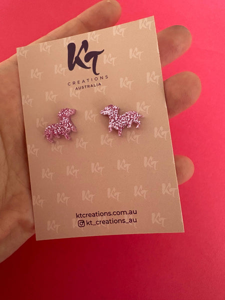 Earrings - Dachshund baby pink glitter acrylic studs - Doggy earrings KTDP