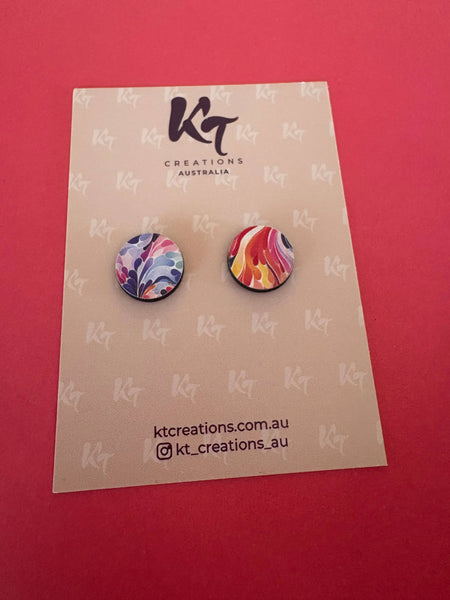 Earrings - Multi colour abstract art wooden studs KTWA
