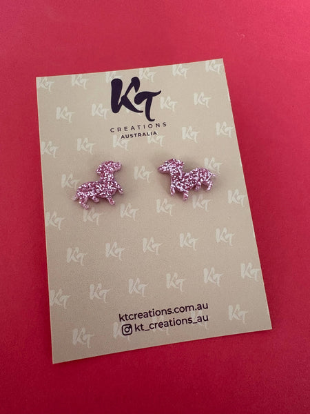 Earrings - Dachshund baby pink glitter acrylic studs - Doggy earrings KTDP