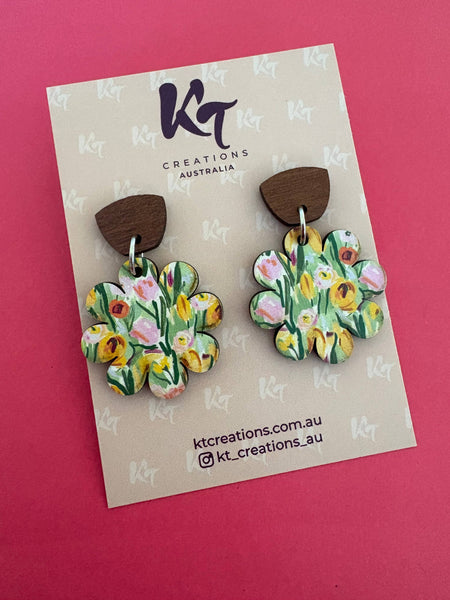 Earrings - Floral Garden Daisy wooden dangles /wooden daisy sustainable KTFD