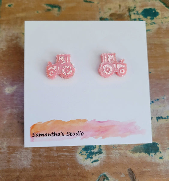 Earrings - Tractor stud earrings in Pink sparkle, Country farming SST