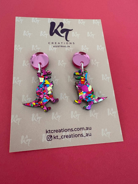 Earrings - Roar! Pink rainbow T-rex Dinosaur - bright pink KTPD