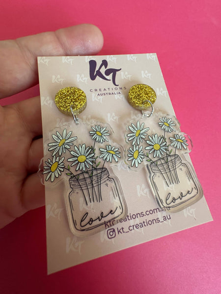 Earrings - Daisy love printed acrylic dangles - teacher gift KTDT