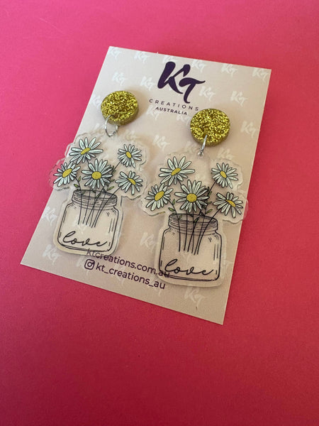 Earrings - Daisy love printed acrylic dangles - teacher gift KTDT