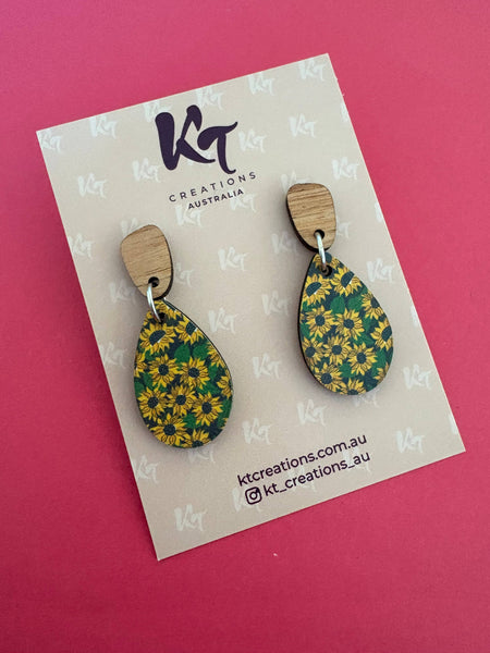 Earrings - Sunflower wooden dangles KTSW