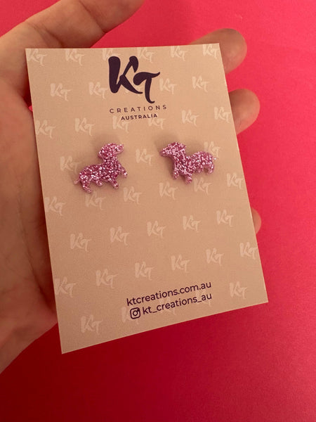 Earrings - Dachshund baby pink glitter acrylic studs - Doggy earrings KTDP