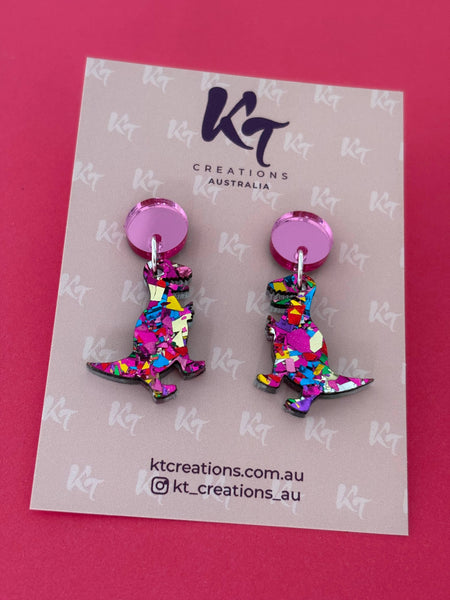 Earrings - Roar! Pink rainbow T-rex Dinosaur - bright pink KTPD