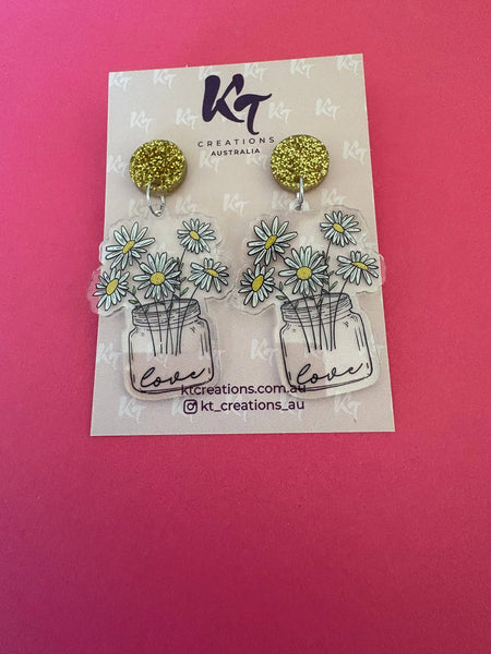 Earrings - Daisy love printed acrylic dangles - teacher gift KTDT