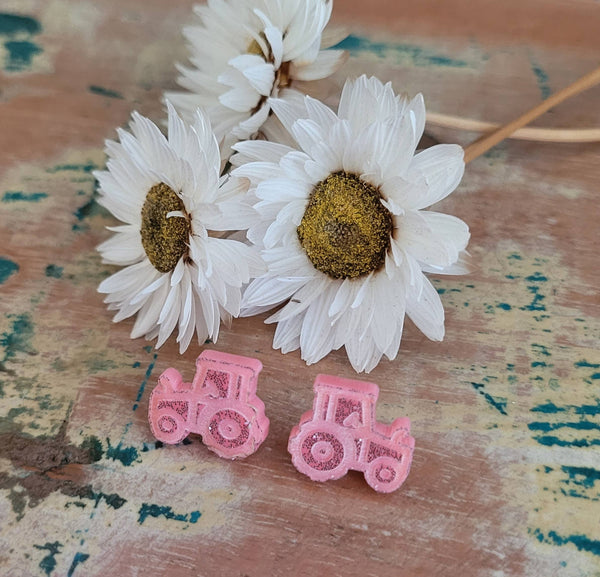 Earrings - Tractor stud earrings in Pink sparkle, Country farming SST