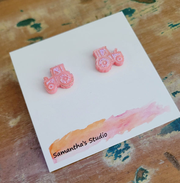 Earrings - Tractor stud earrings in Pink sparkle, Country farming SST