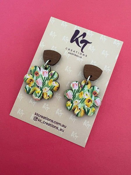 Earrings - Floral Garden Daisy wooden dangles /wooden daisy sustainable KTFD