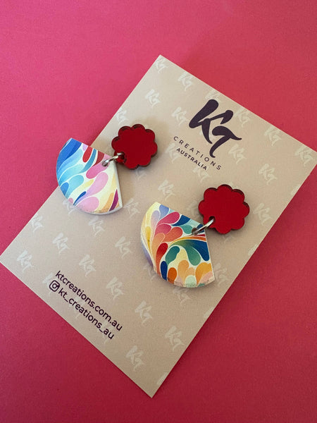 Earrings - Mini Multi Colour Abstract Art Acrylic dangles - red topper KTMM