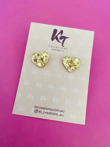 Earrings - Heart studs - sparkly chunky Gold glitter heart Acrylic stud KTGG