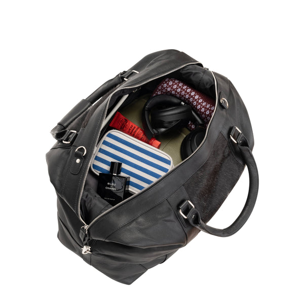 Greenwood Leather - Sable Hair-On Duffle – Black Leather & Cowhide Weekender GLC