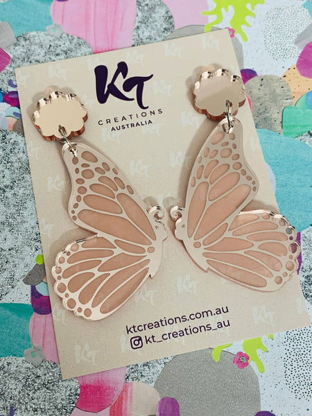Earrings - Rose Gold Butterfly Wing Acrylic Dangle KTRB