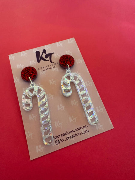 Silver glitter Candy cane Christmas earrings SGC