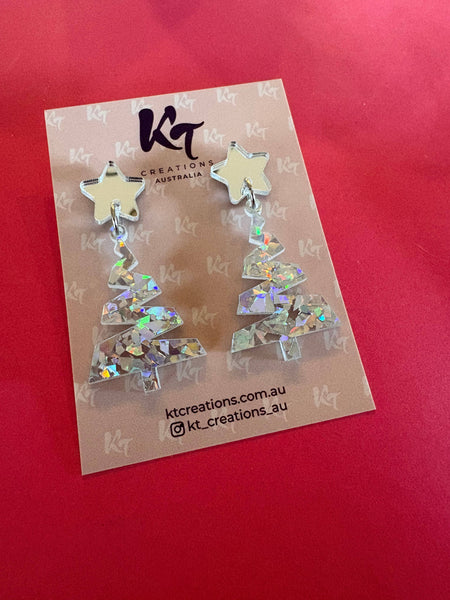 Chunky Silver glitz Christmas Tree Acrylic dangles CSCT