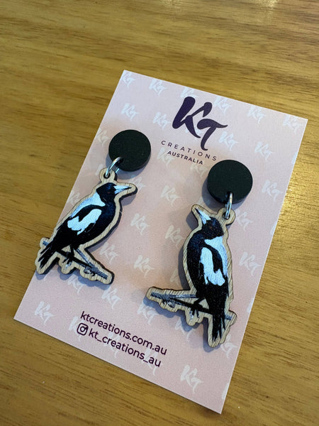 Magpie Bamboo dangle earrings - Australian bird black topper KTM