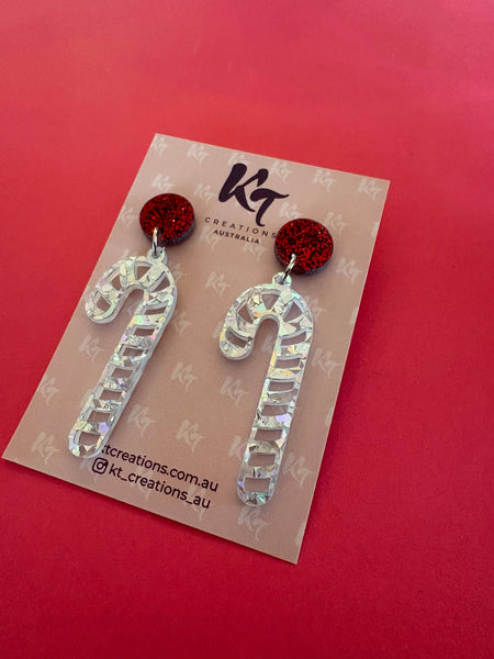 Silver glitter Candy cane Christmas earrings SGC