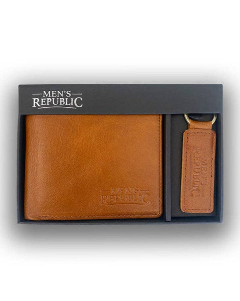 Men's Republic Leather Wallet and Keyring Set - Brown LWB