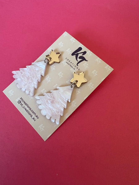 Christmas Tree earrings - pink marble swirl acrylic dangles CTPS