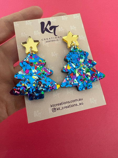 Blue sparkle, gold star Christmas Tree Acrylic dangles BST