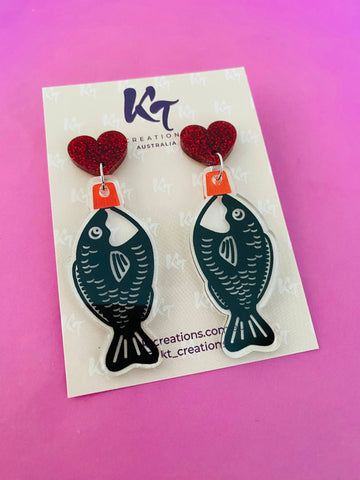 EARRINGS - Soy sauce fishy acrylic earrings - dark red glitter topper KTSS