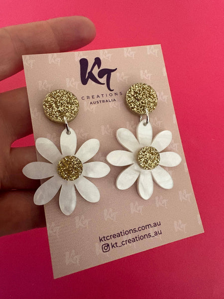White Marble & Champagne glitter daisy Acrylic Earrings MCG