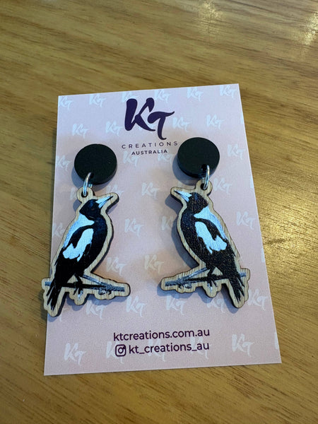 Magpie Bamboo dangle earrings - Australian bird black topper KTM
