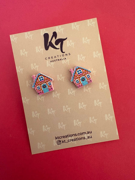 Gingerbread house pink acrylic stud earrings GHP