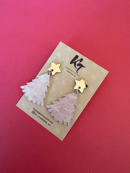 Christmas Tree earrings - pink marble swirl acrylic dangles CTPS