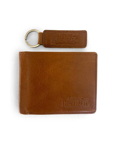 Men's Republic Leather Wallet and Keyring Set - Brown LWB