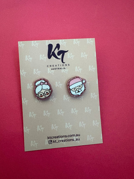 Santa & Mrs Claus - pink glitter Christmas stud earrings SMC