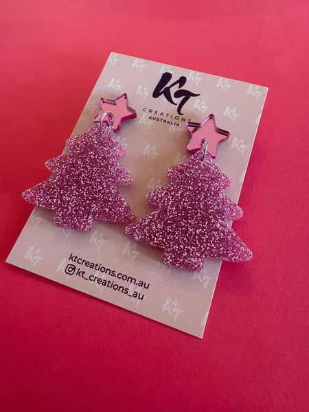 Light Pink glitter Christmas Tree Acrylic dangles LPGC