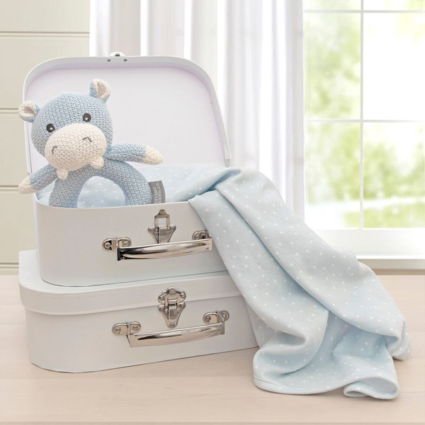 Gift Set - Jersey Swaddle & Rattle - Blue Dots/Hippo GSBH