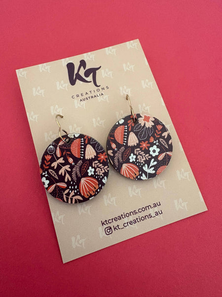 Wooden floral art dangles - Rose Gold hooks WRG
