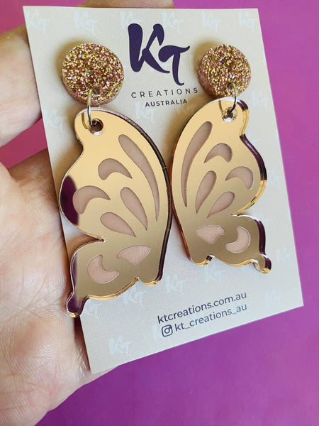 Rose Gold etched Butterfly Wing Acrylic Dangle Earrings RGB