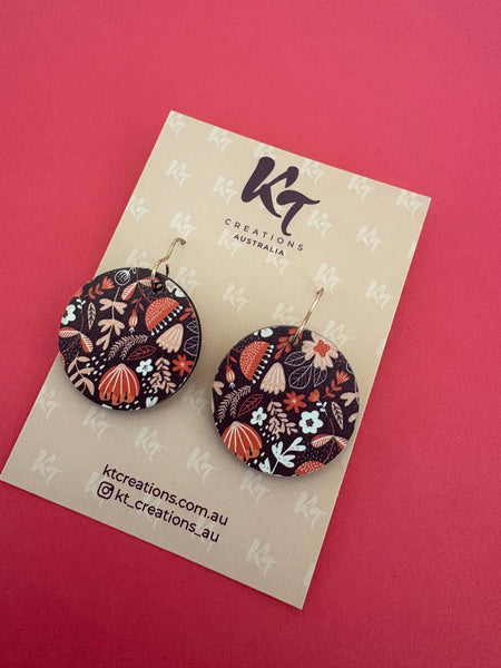Wooden floral art dangles - Rose Gold hooks WRG