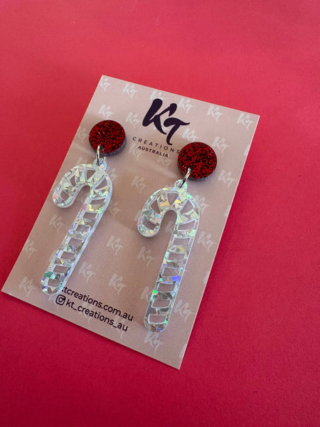 Silver glitter Candy cane Christmas earrings SGC