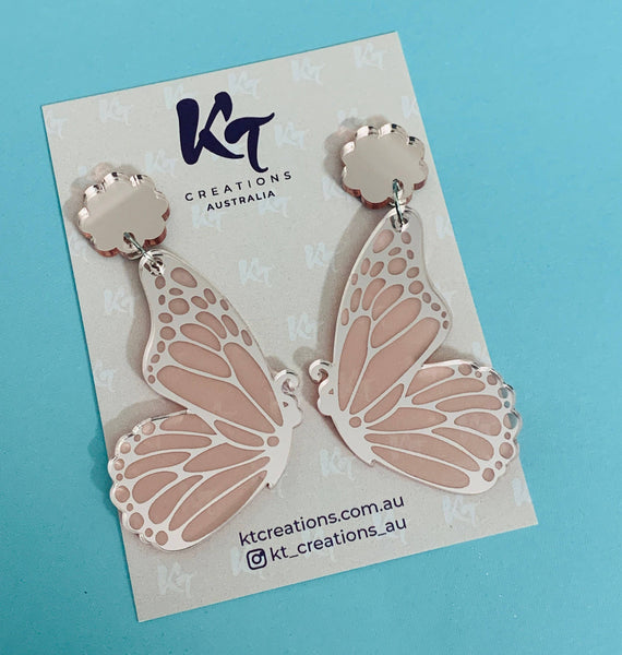 Earrings - Rose Gold Butterfly Wing Acrylic Dangle KTRB