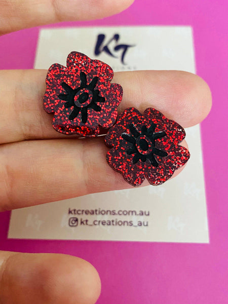 Poppy Acrylic Studs - Red Glitter & Hand Painted PRG